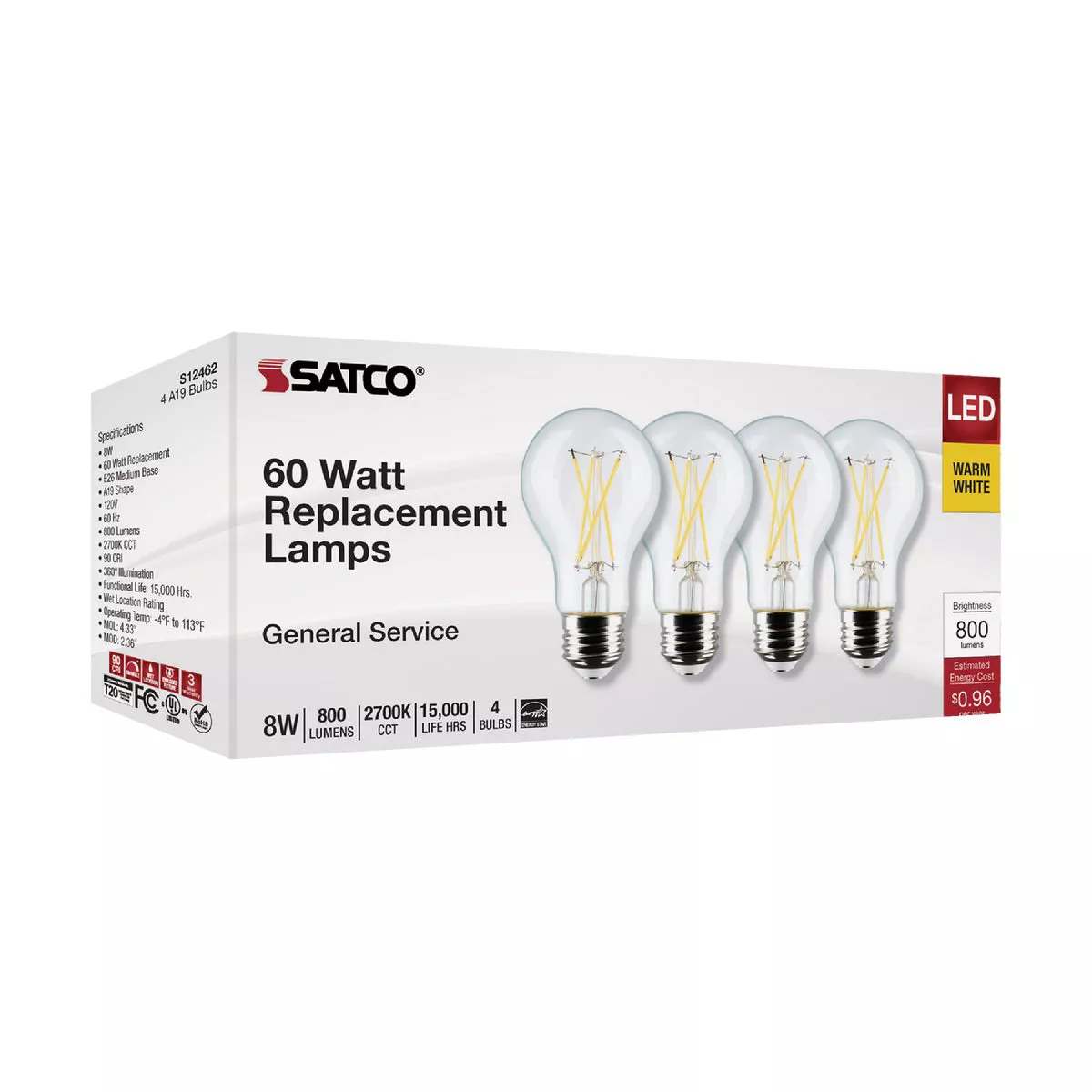 Satco 60W Equivalent Warm White A19 Medium Clear Dimmable LED Light Bulb (4-Pack) - photo 2