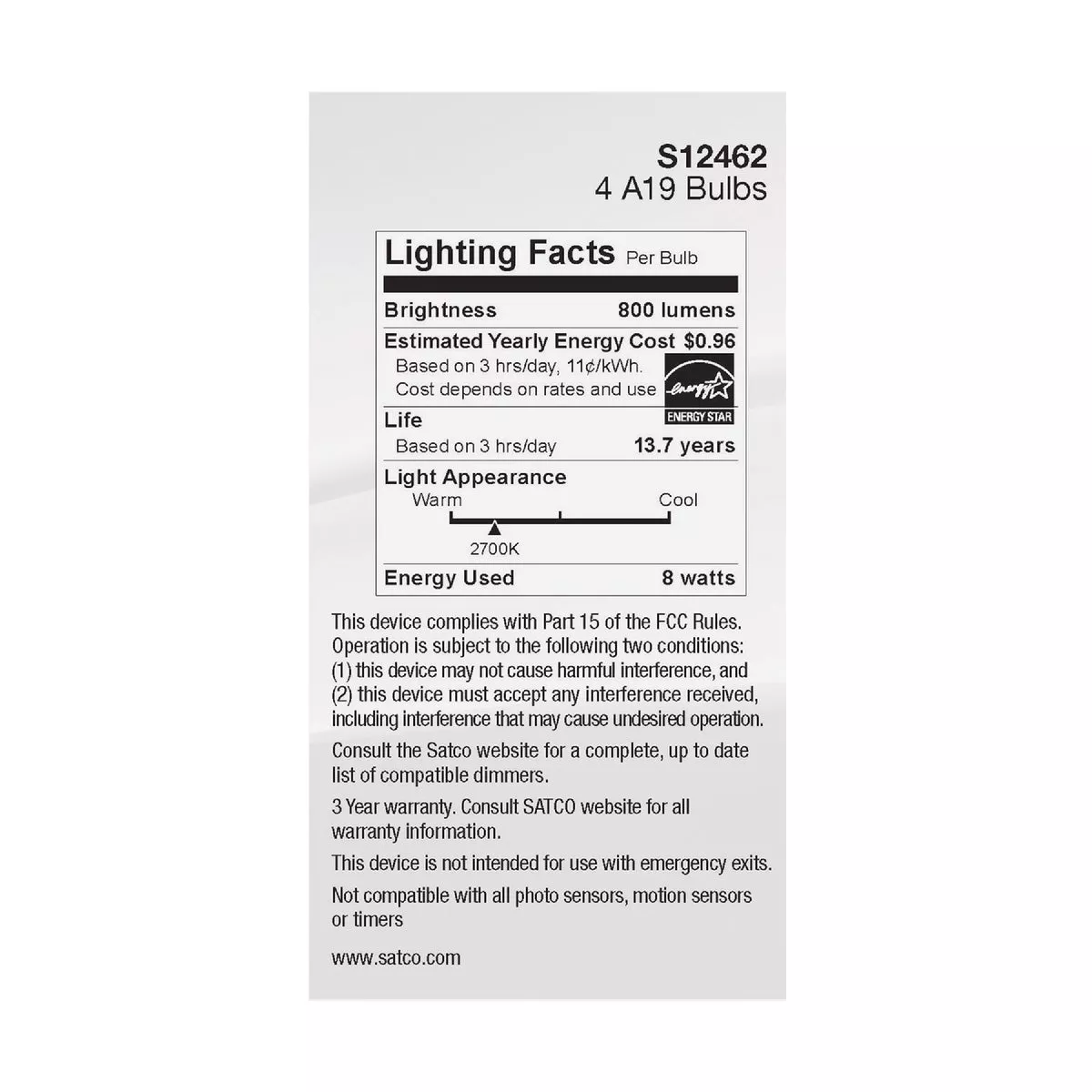 Satco 60W Equivalent Warm White A19 Medium Clear Dimmable LED Light Bulb (4-Pack) - photo 3