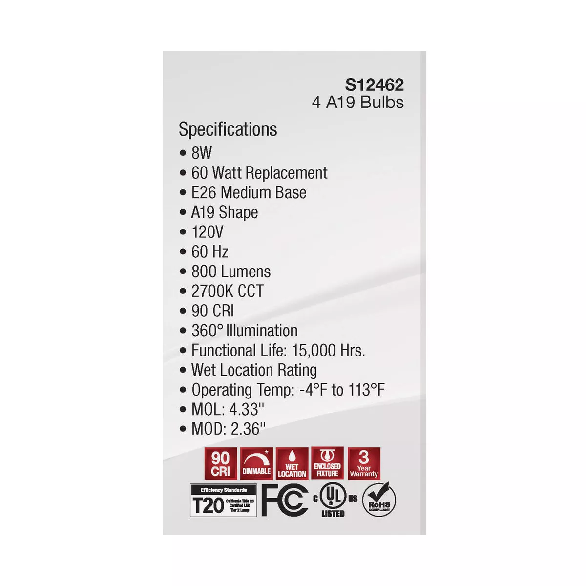 Satco 60W Equivalent Warm White A19 Medium Clear Dimmable LED Light Bulb (4-Pack) - photo 7