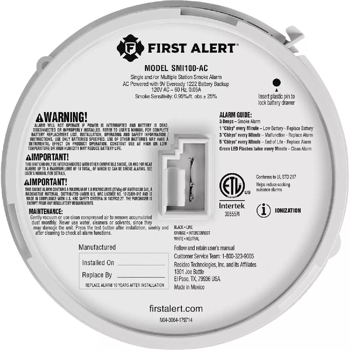 BRK SMI100-AC Interconnect Hardwire Ionization Smoke Alarm with Battery Backup - photo 5