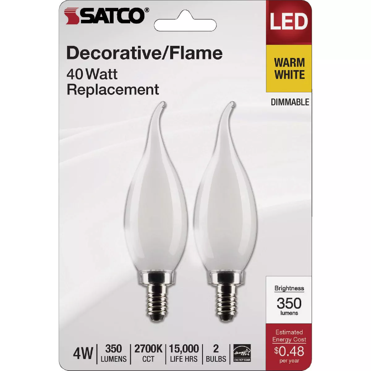Satco 40W Equivalent Warm White Frosted CA10 Candelabra LED Decorative Light Bulb (2-Pack) - photo 2