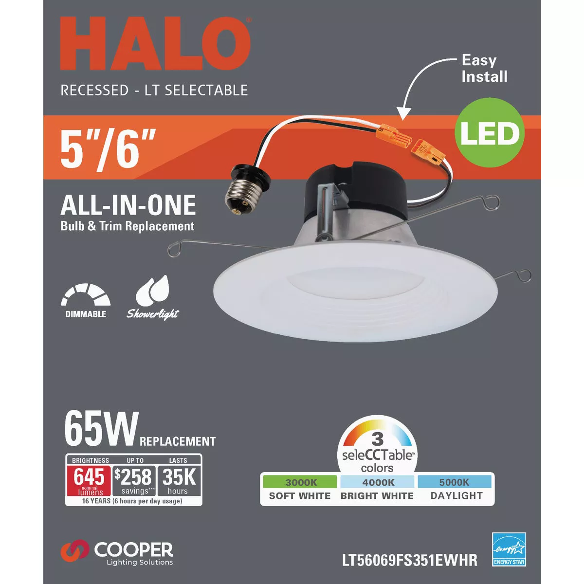 Halo 5 In./6 In. Retrofit IC/Non-IC Rated White Selectable CCT LED Recessed Light Kit - photo 2