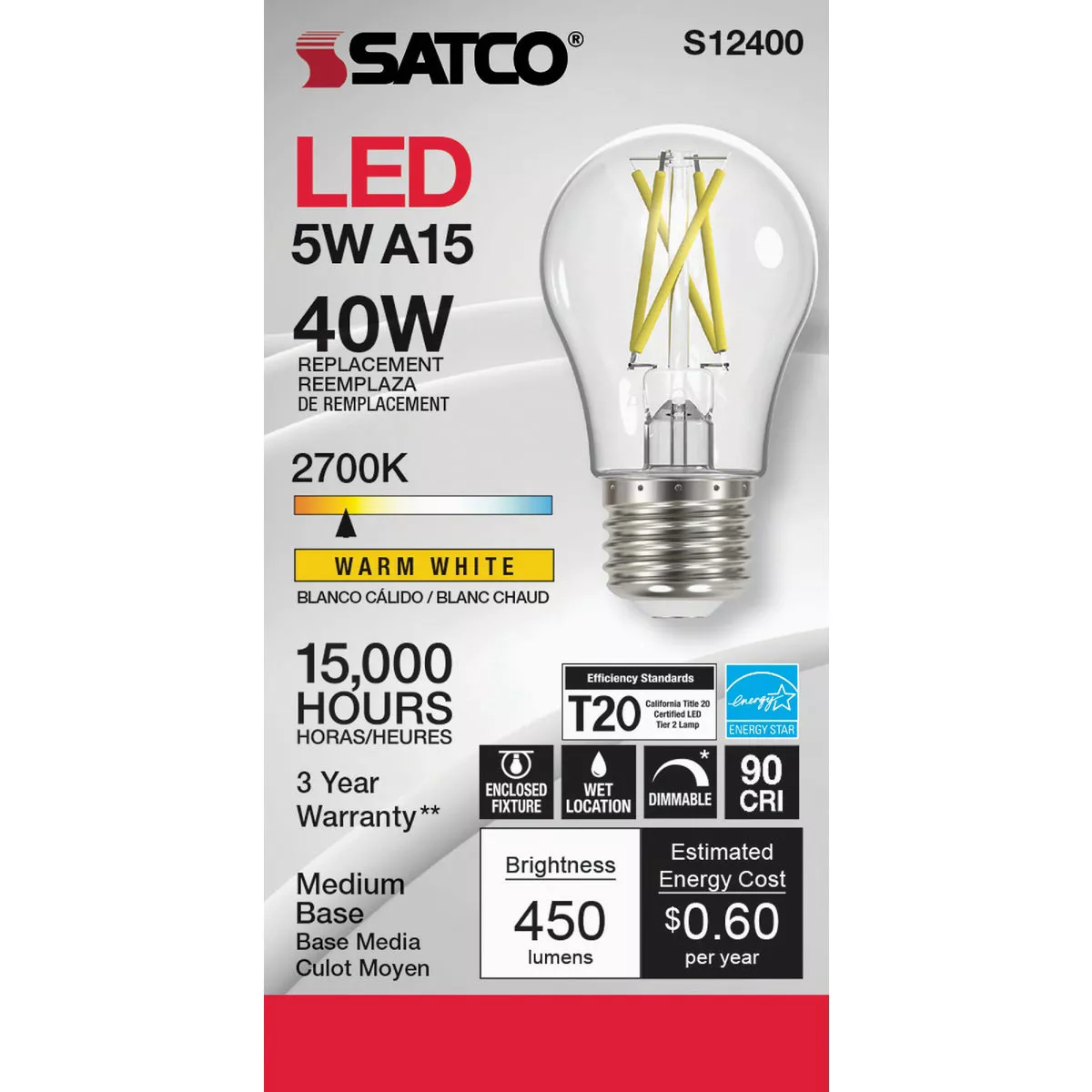 Satco 40W Equivalent Warm White A15 Medium Dimmable Traditional LED Light Bulb - photo 3