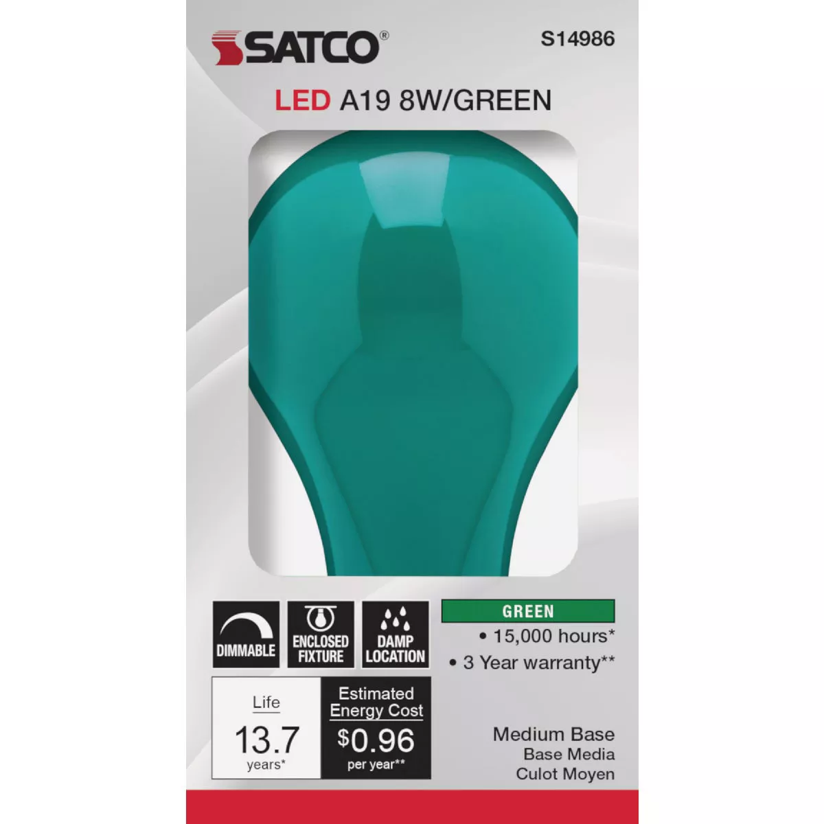 Satco Nuvo 60W Equivalent Green A19 Medium LED Party Light Bulb - photo 2