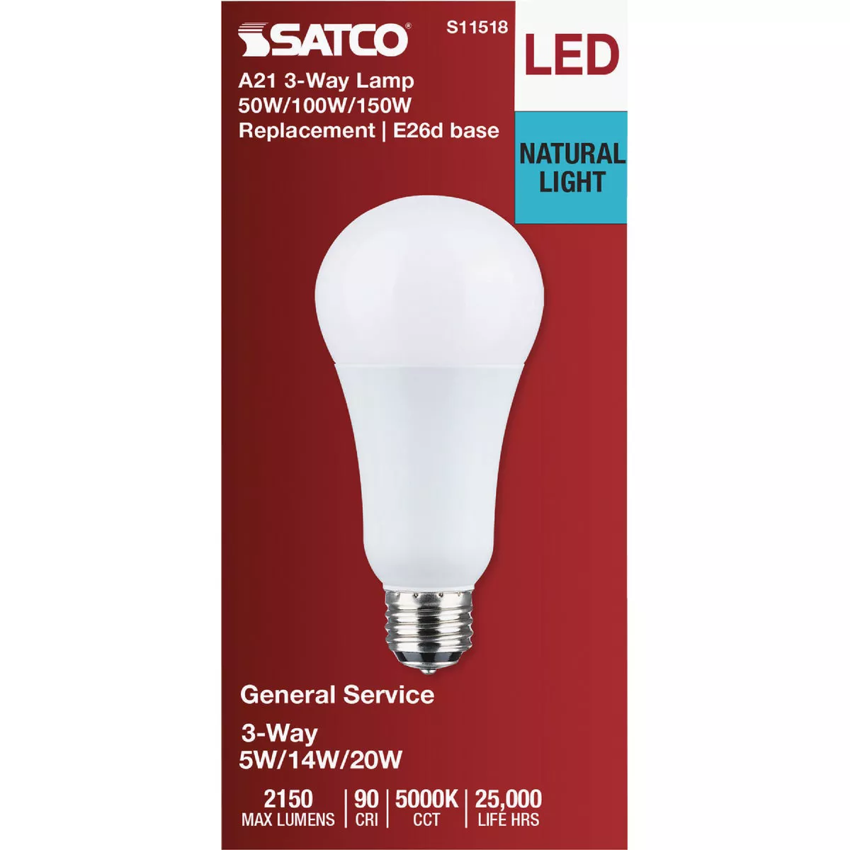 Satco 50/100/150W Equivalent Selectable 5000K CCT A21 LED 3-Way Bulb - photo 2