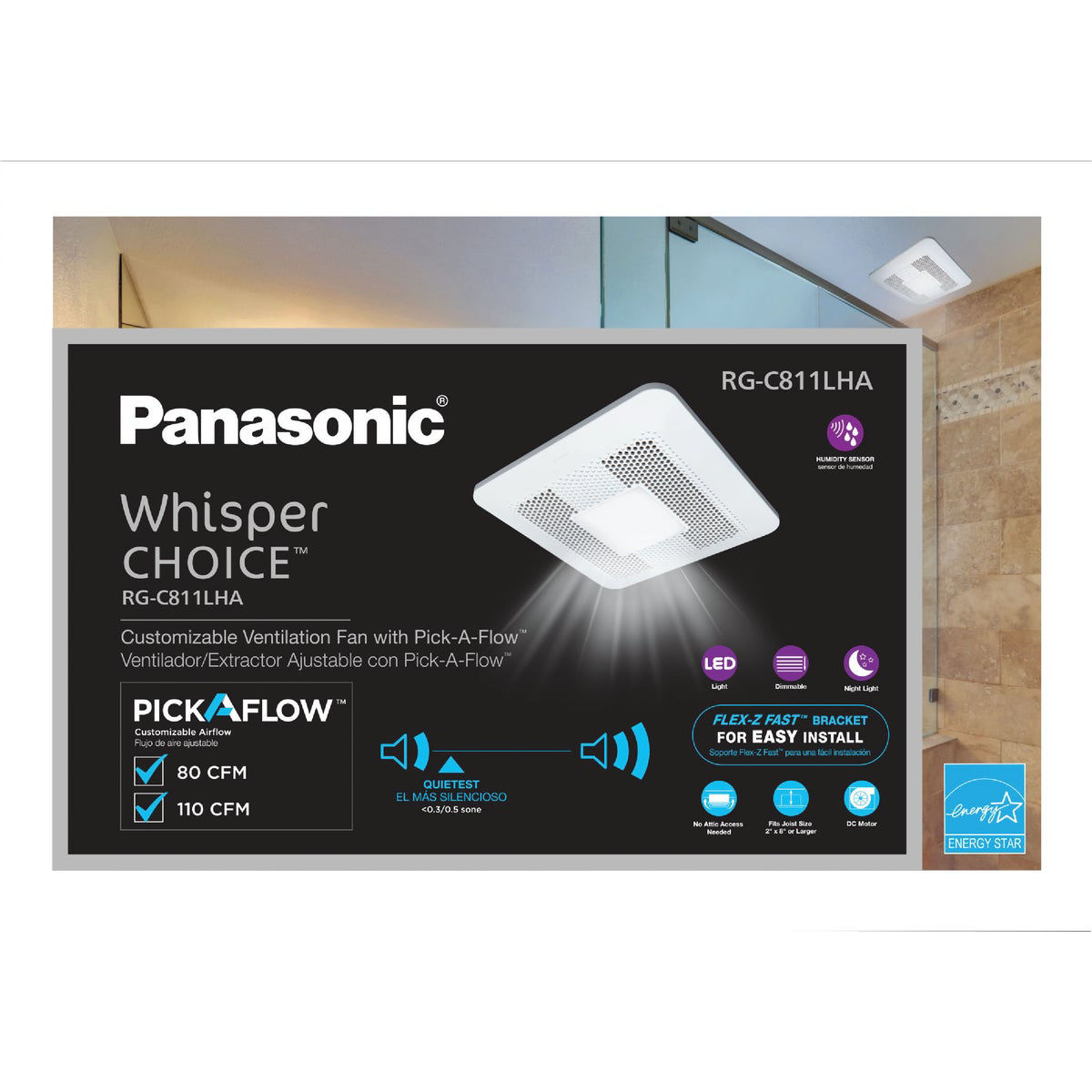 Panasonic Whisper Choice 80/110 CFM 0.3/0.4 Sones 120V Auto Bath Exhaust  Fan with LED Light