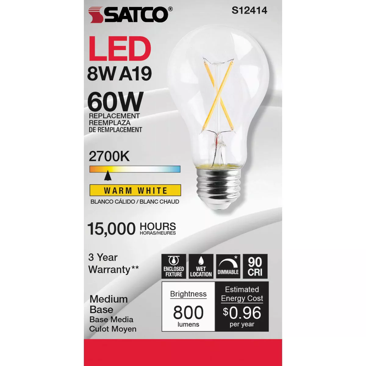 Satco 60W Equivalent Warm White A19 Medium Dimmable Traditional LED Light Bulb - photo 2