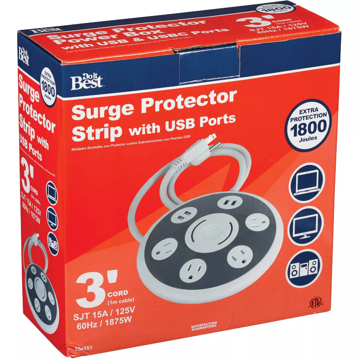 Do it Best 4-Outlet/4-USB 1800J White & Gray Surge Protector with 3 Ft. Cord - photo 2