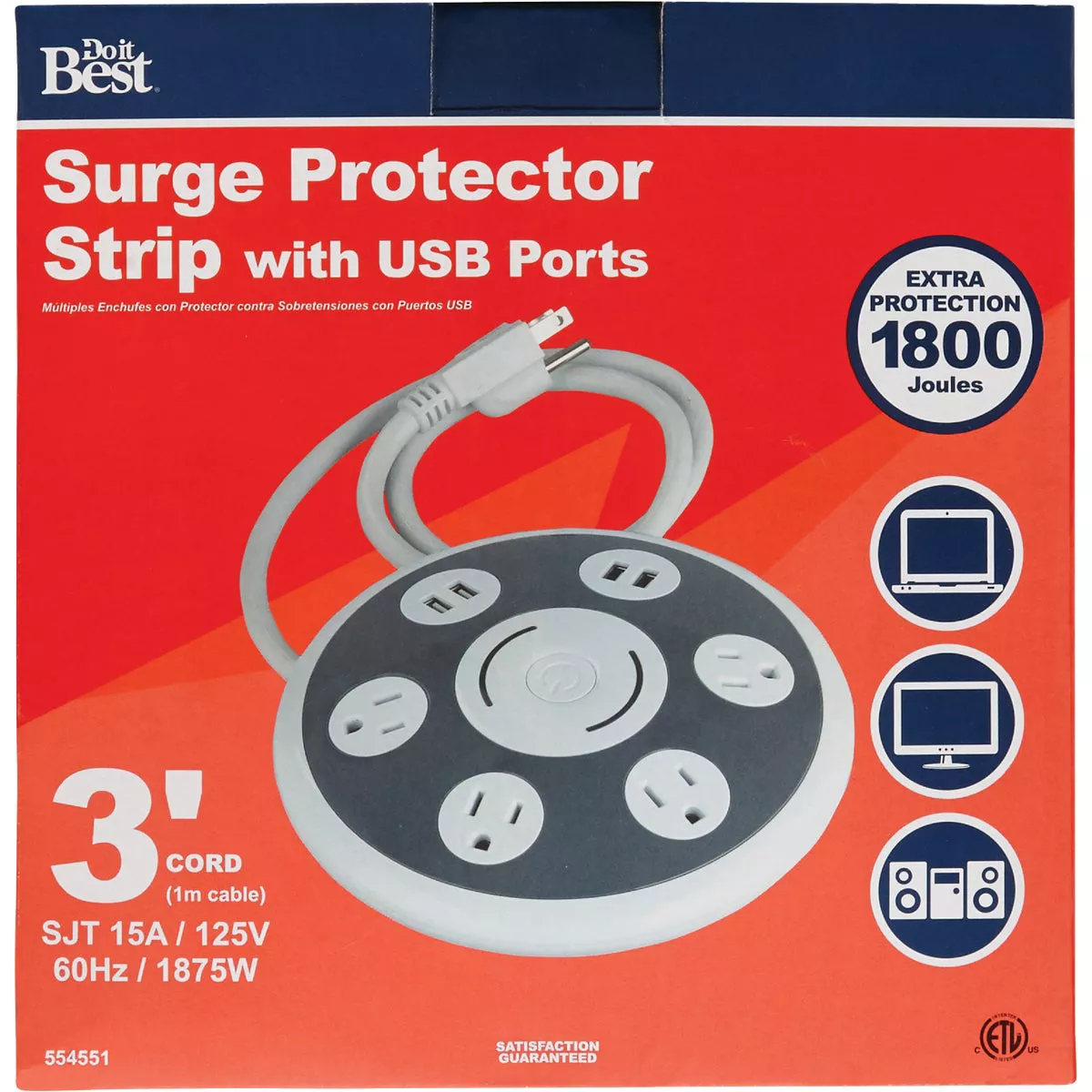 Do it Best 4-Outlet/4-USB 1800J White & Gray Surge Protector with 3 Ft. Cord - photo 3