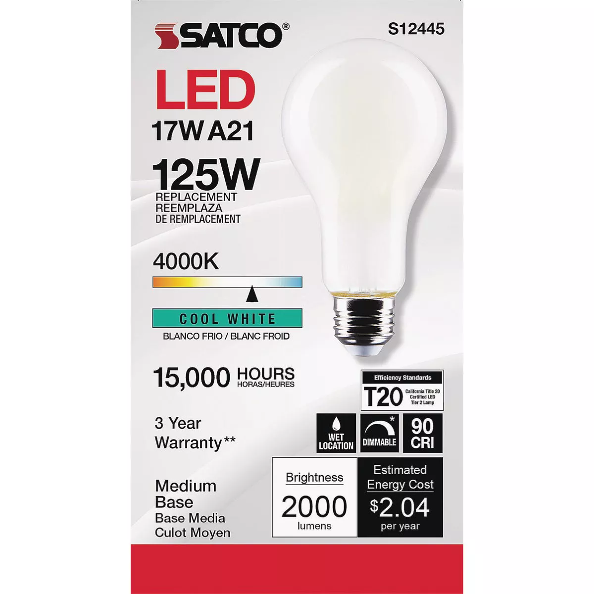 Satco 125W Equivalent 4000K Medium Base A21 LED Bulb - photo 2
