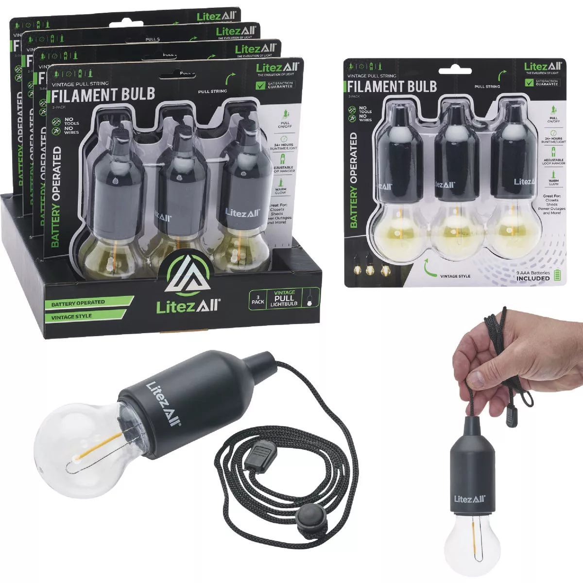 LitezAll Warm White Vintage Style Battery Operated Pull String LED Bulb (3-Pack) - photo 2