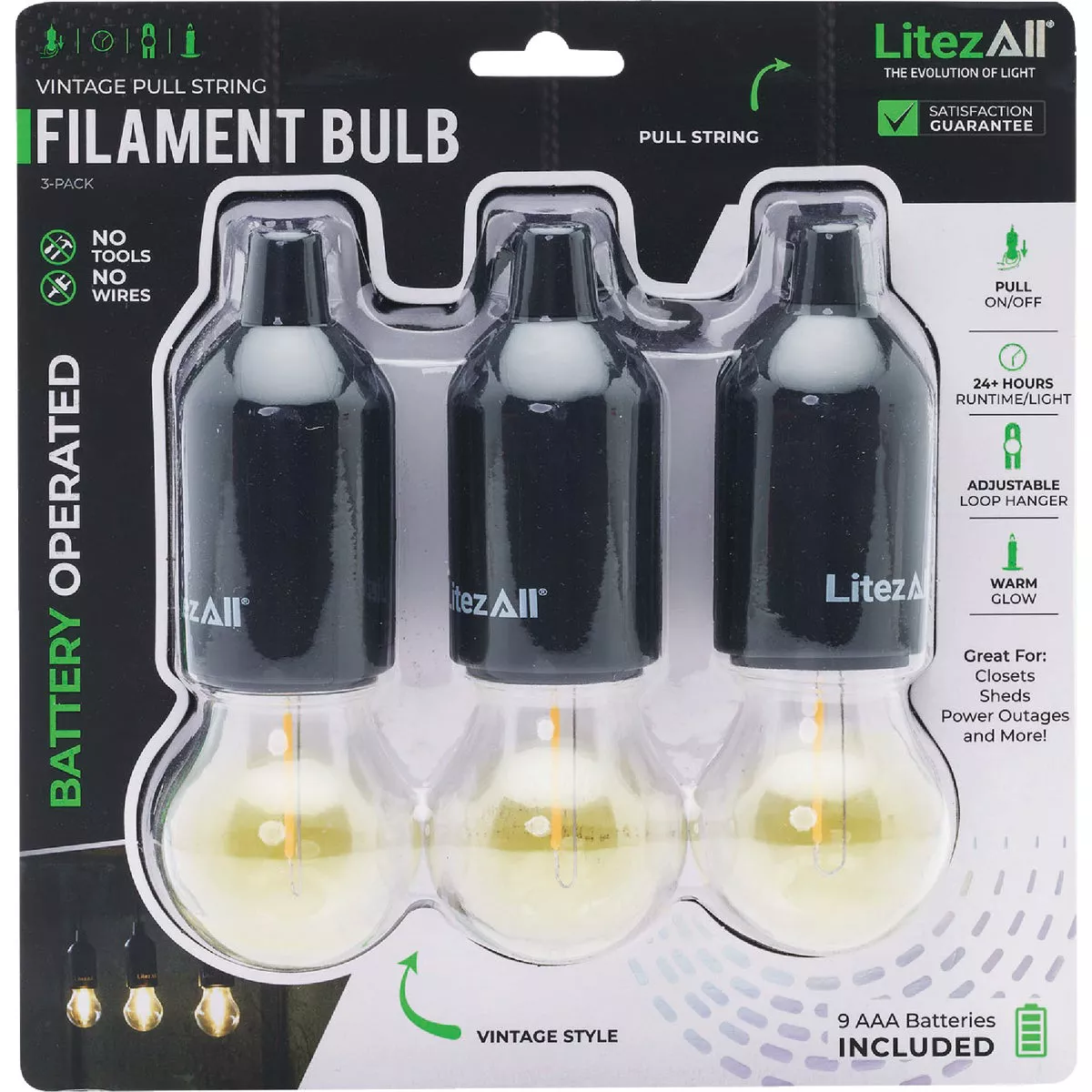 LitezAll Warm White Vintage Style Battery Operated Pull String LED Bulb (3-Pack) - photo 3