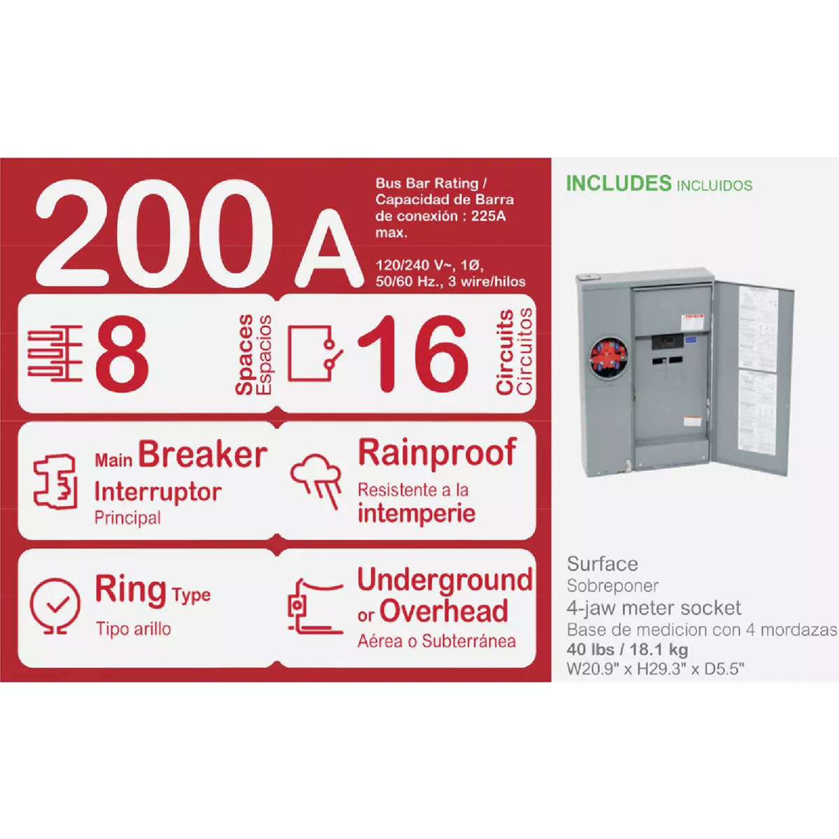 Square D HOM 200A 8-Space 16-Pole Rainproof Plug On Neutral Outdoor Meter Breaker Panel - photo 3