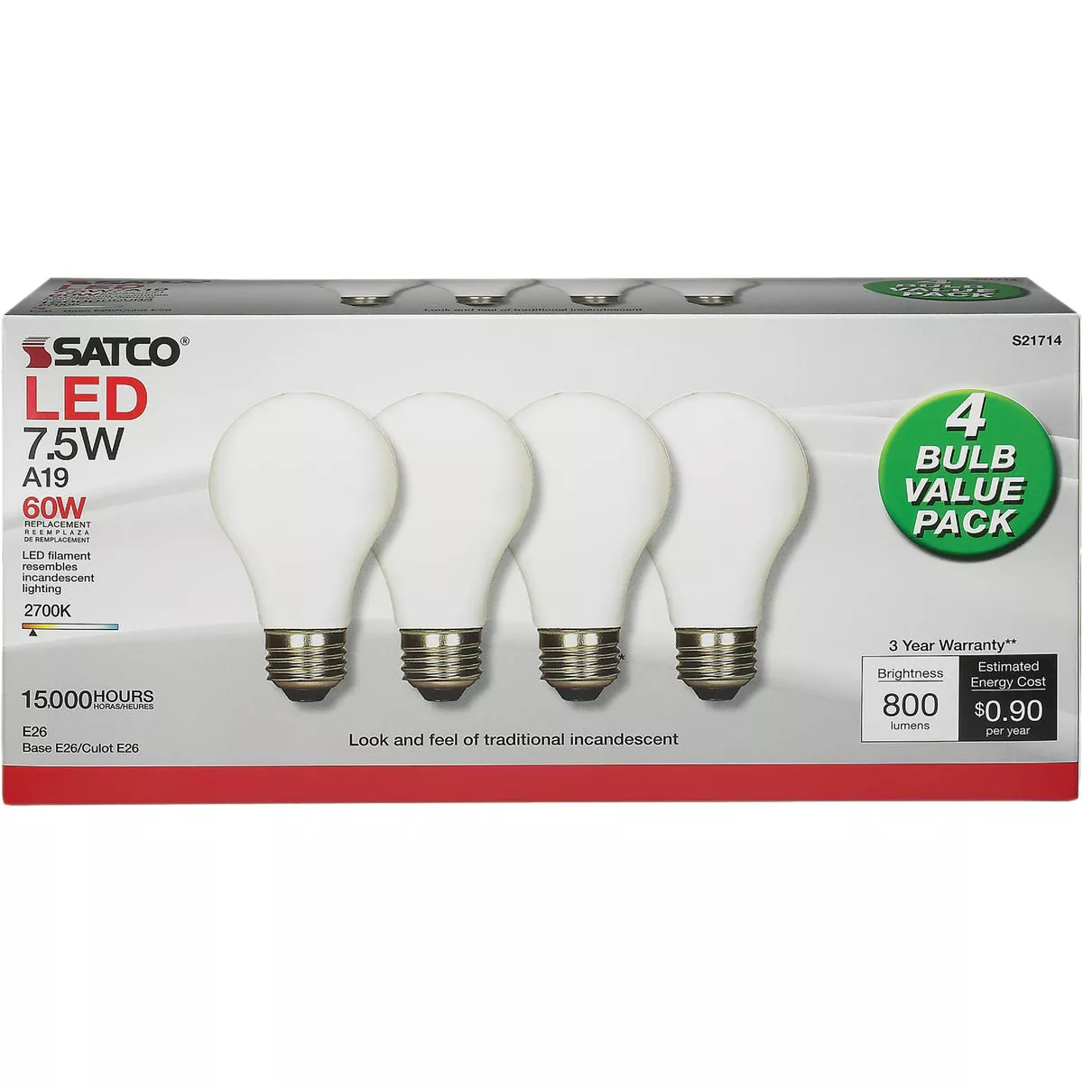 Satco Nuvo 60W Equivalent Warm White A19 Medium Frosted LED Light Bulb (4-Pack) - photo 2