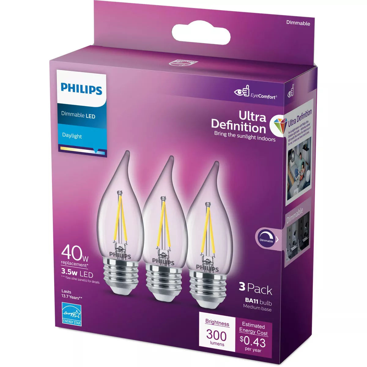 Philips Ultra Definition 40W Equivalent Daylight BA11 Medium LED Decorative Light Bulb (3-Pack) - photo 4