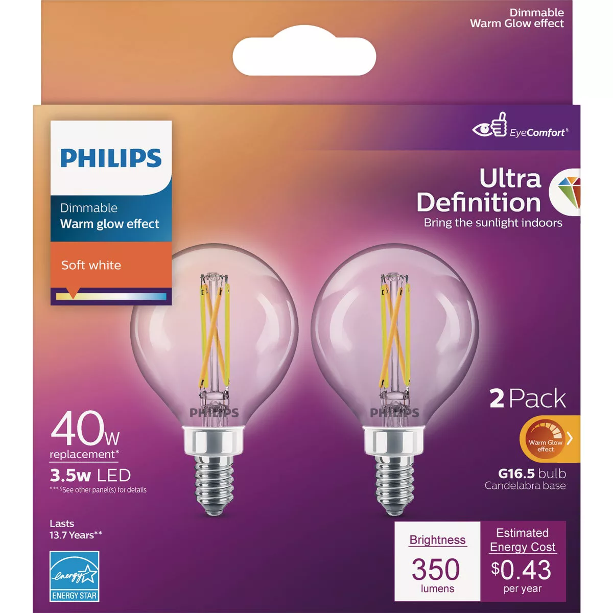 Philips Ultra Definition 40W Equivalent Soft White G16.5 Candelabra LED Decorative Light Bulb (2-Pack) - photo 2