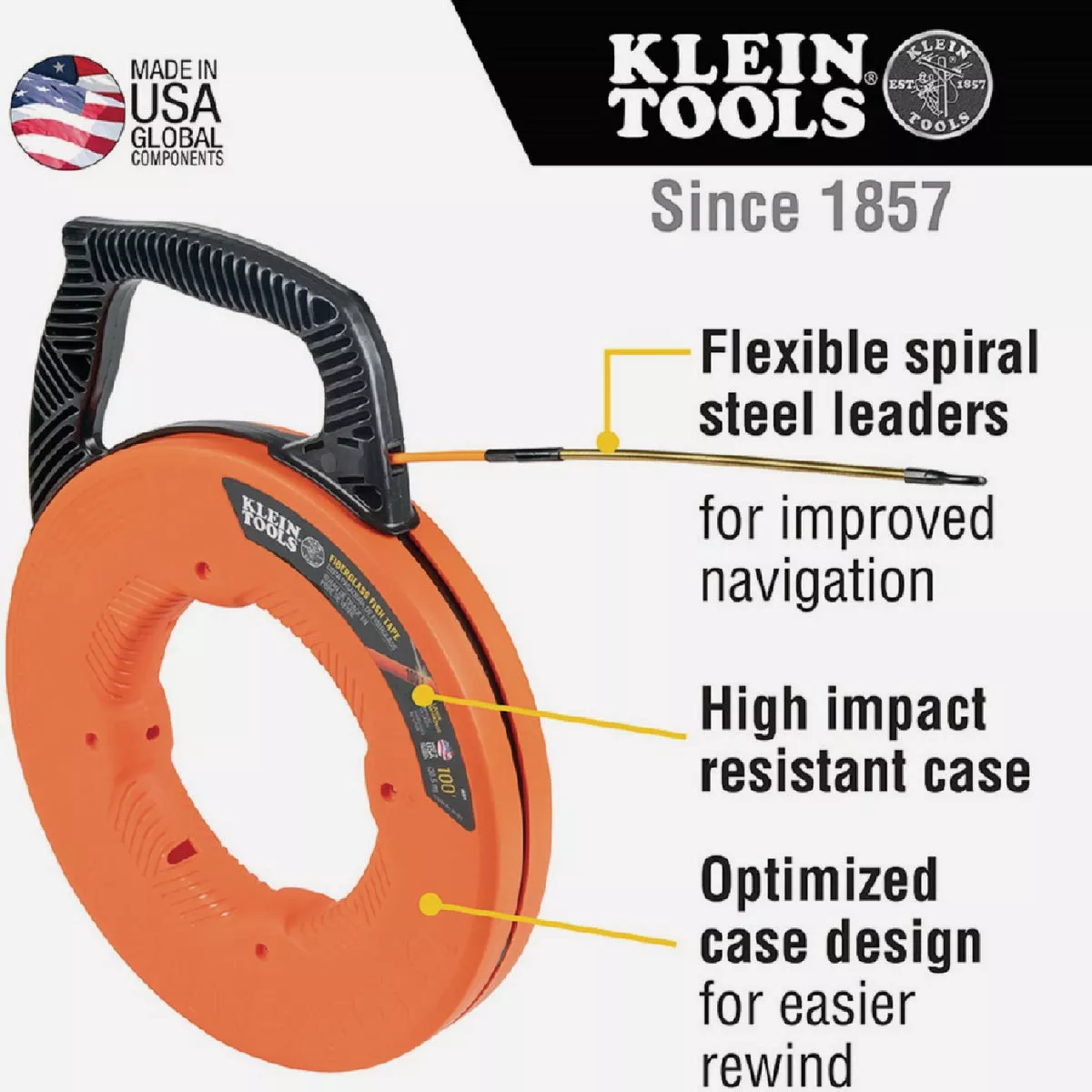 Klein 3/16 In. W. x 100 Ft. L. Fiberglass Fish Tape with Spiral Steel Leader - photo 2