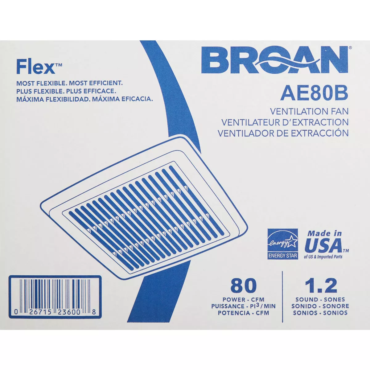Broan Flex Series 80 CFM 1.2 Sones 120V Ceiling Room Side Installation Bath Exhaust Fan - photo 2