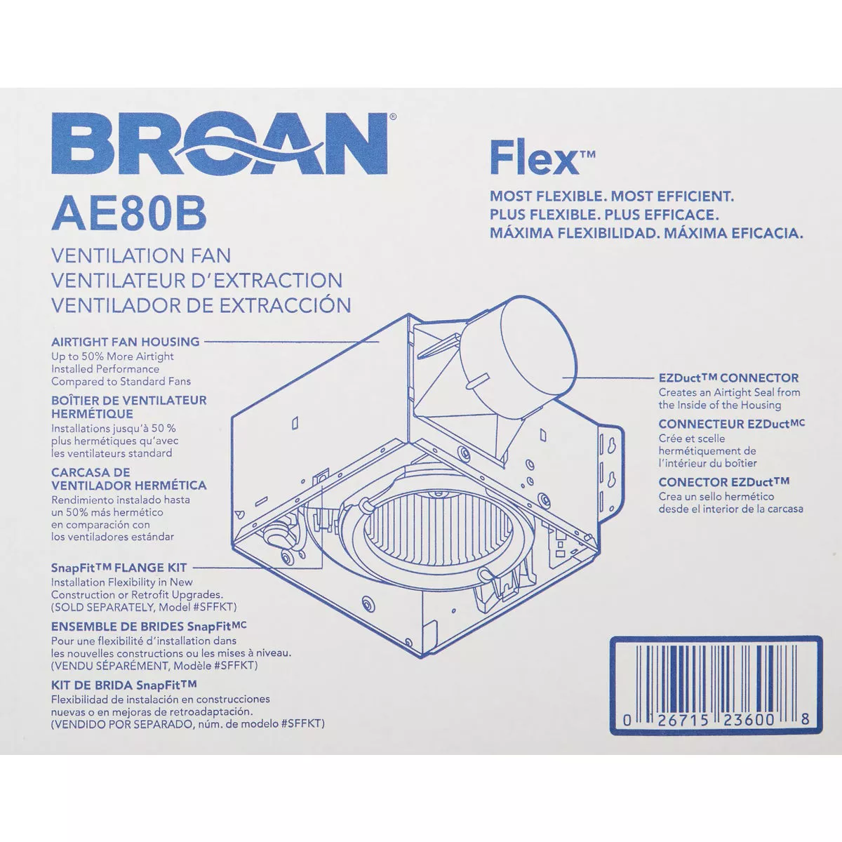 Broan Flex Series 80 CFM 1.2 Sones 120V Ceiling Room Side Installation Bath Exhaust Fan - photo 3