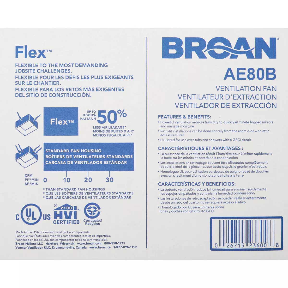Broan Flex Series 80 CFM 1.2 Sones 120V Ceiling Room Side Installation Bath Exhaust Fan - photo 5