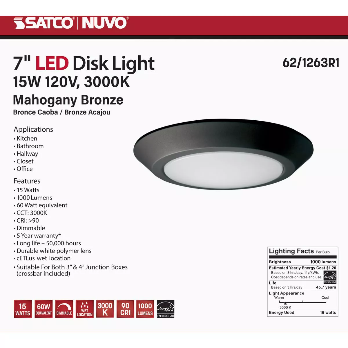 Satco Nuvo 7 In. 60W-Equivalent High-Lumen LED Disk Flush Mount Light Fixture Mahogany Bronze - photo 2