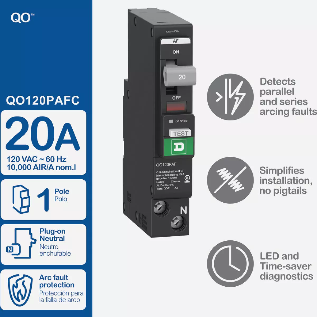 Square D QO 20A Single-Pole CAFCI Mini Dual Function Circuit Breaker - photo 7