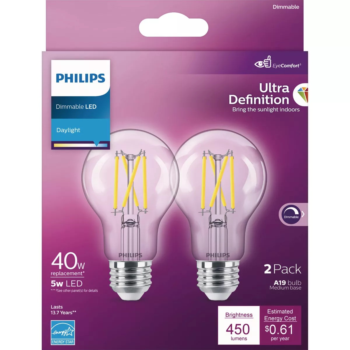 Philips Ultra Definition 40W Equivalent Daylight A19 Medium LED Light Bulb, Clear (2-Pack) - photo 2