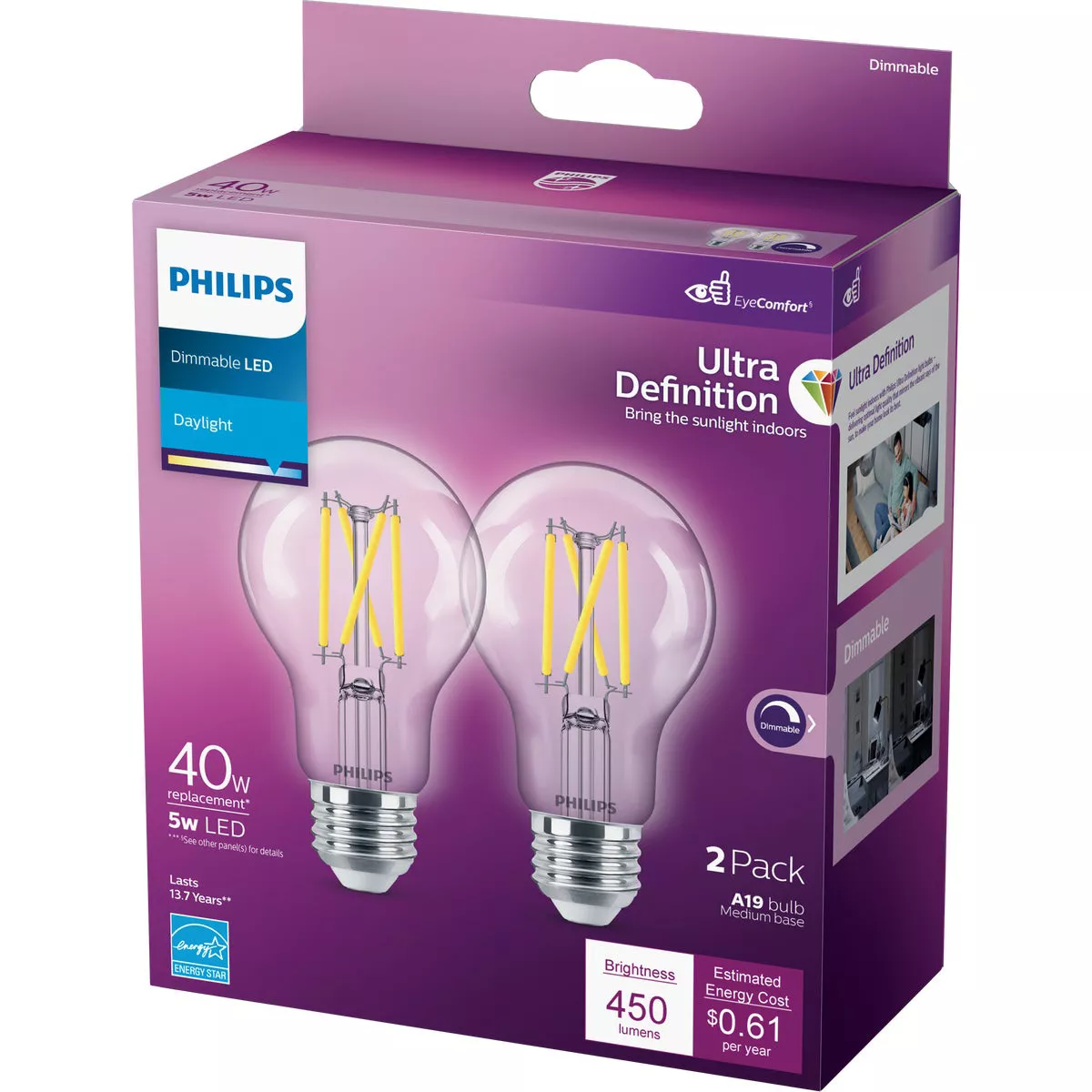 Philips Ultra Definition 40W Equivalent Daylight A19 Medium LED Light Bulb, Clear (2-Pack) - photo 3