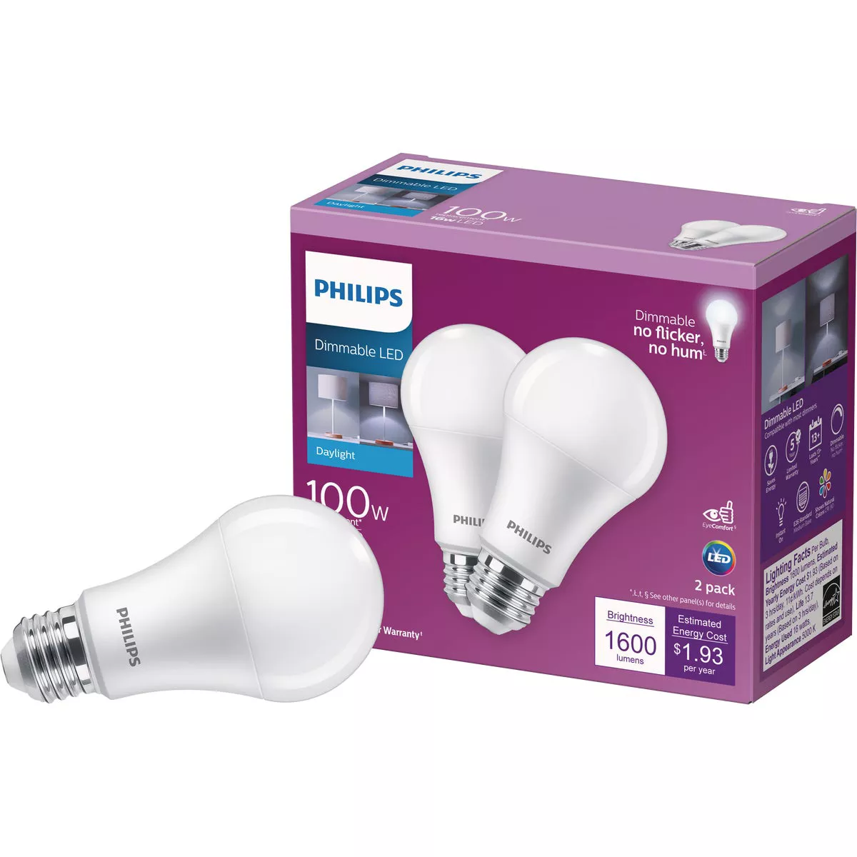 Philips 100W Equivalent Daylight A19 Medium Dimmable LED Light Bulb (2-Pack)