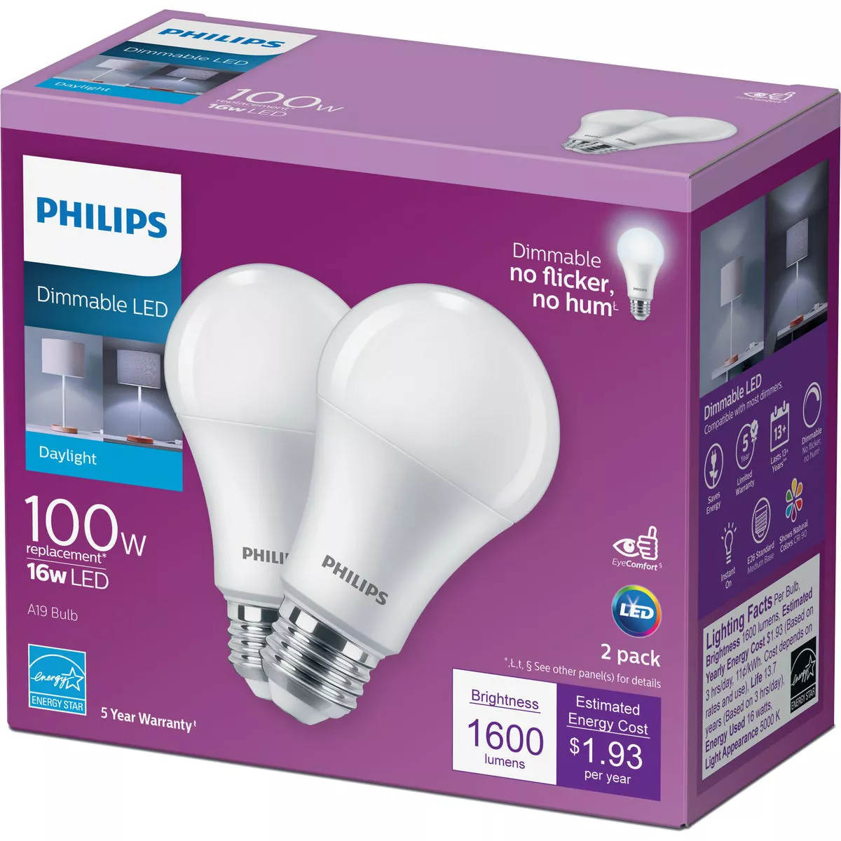 Philips 100W Equivalent Daylight A19 Medium Dimmable LED Light Bulb (2-Pack) - photo 3