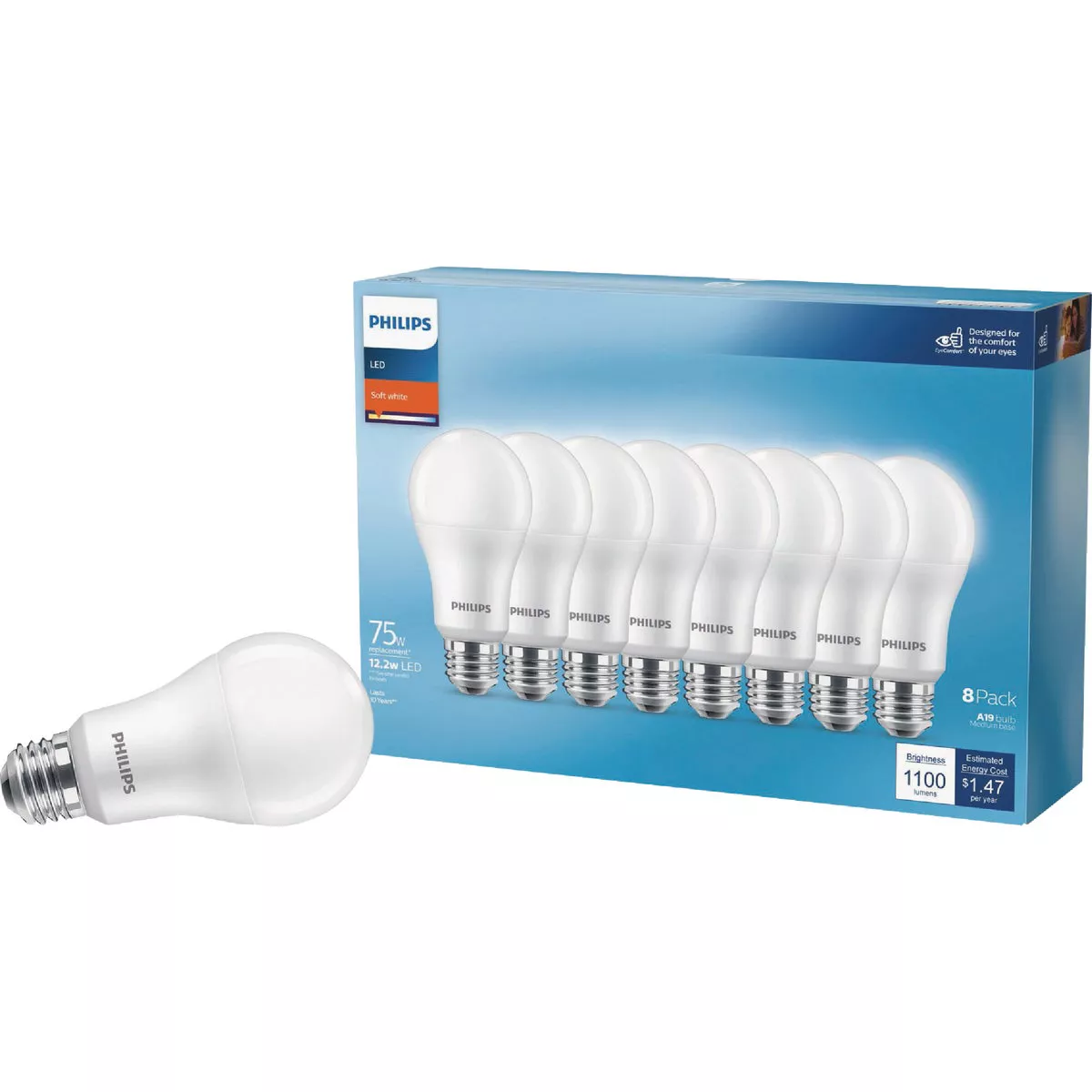 Philips 75W Equivalent Soft White A19 Medium LED Light Bulb (8-Pack)