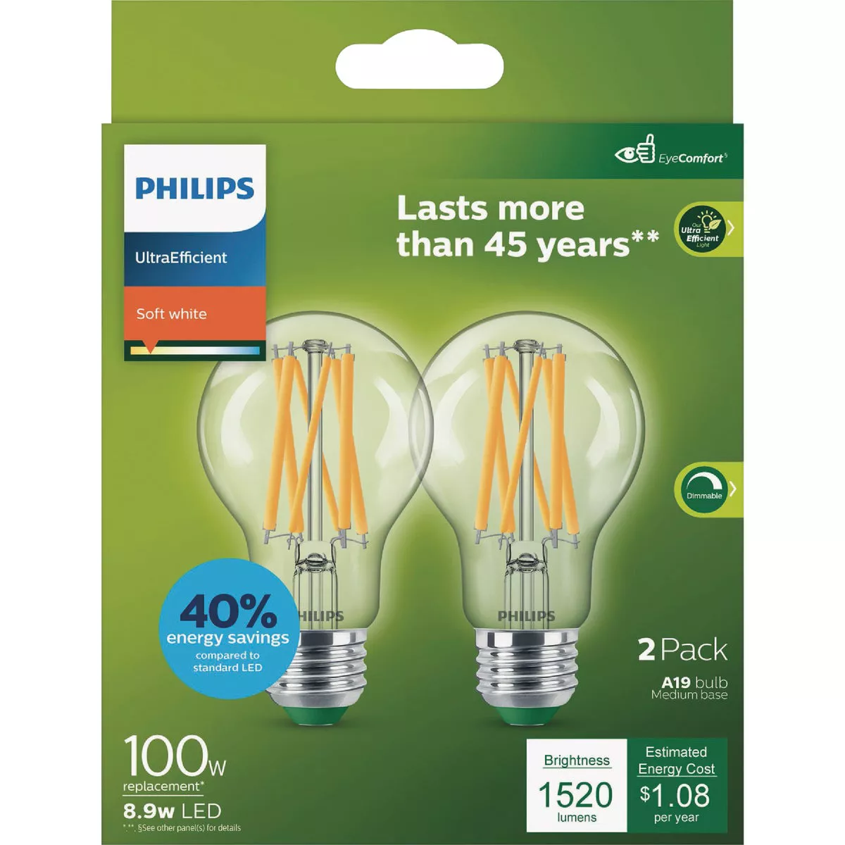 Philips Ultra Efficient 100W Equivalent Soft White Clear A19 LED Bulb (2-Pack) - photo 2