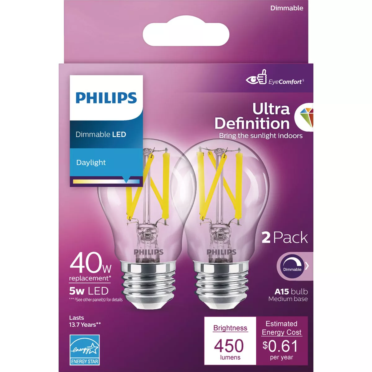 Philips Ultra Definition 40W Equivalent Daylight A15 Medium Dimmable LED Light Bulb (2-Pack) - photo 2