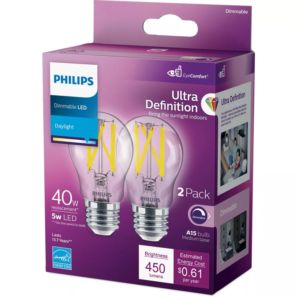 Philips Ultra Definition 40W Equivalent Daylight A15 Medium Dimmable LED Light Bulb (2-Pack) - photo 4