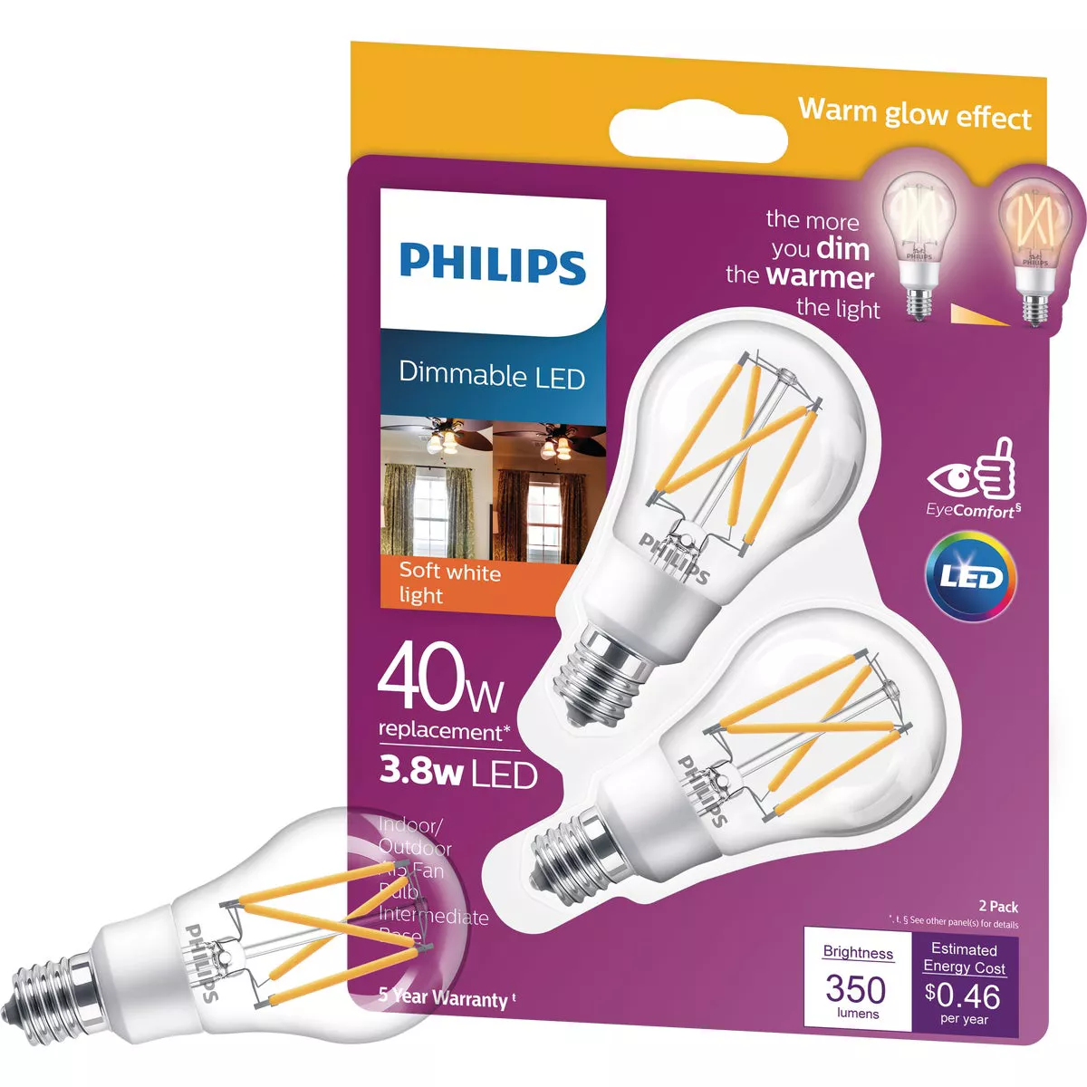 Philips Warm Glow 40W Equivalent Soft White A15 E17 Base Dimmable LED Light Bulb (2-Pack)