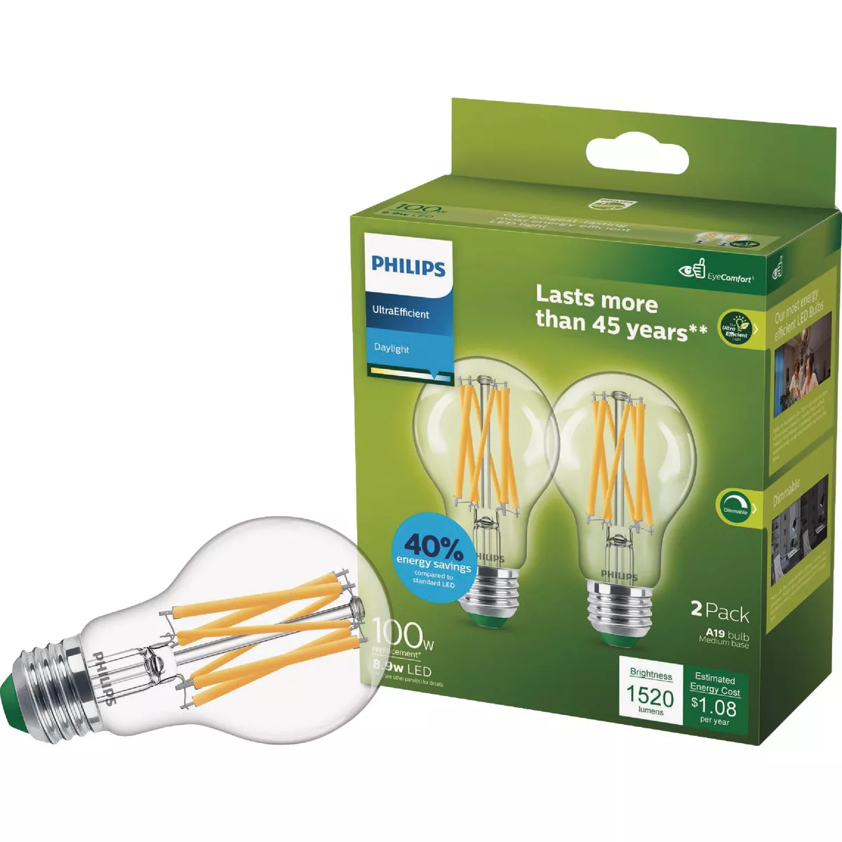 Philips Ultra Efficient 100W Equivalent Daylight Clear A19 LED Bulb (2-Pack)