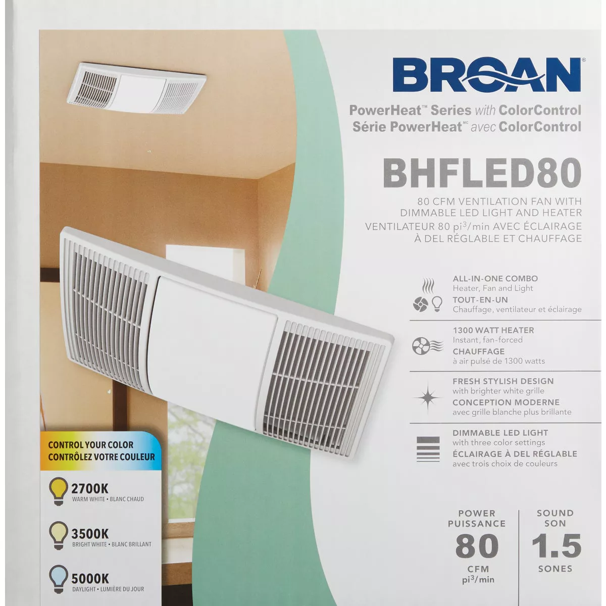 Broan-NuTone PowerHeat 80 CFM 1.5 Sones 120V Bath Exhaust Fan with Heater & CCT LED Light - photo 2