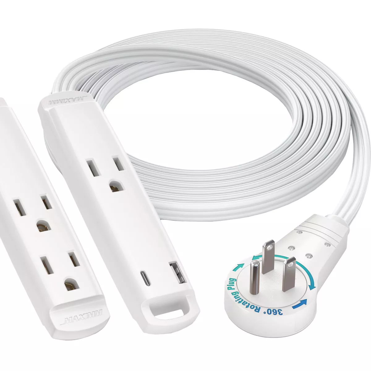 Maximm 6 Ft. 16/3 White 3-Outlet 360 Deg. Rotating Plug & USB-C Extension Cord