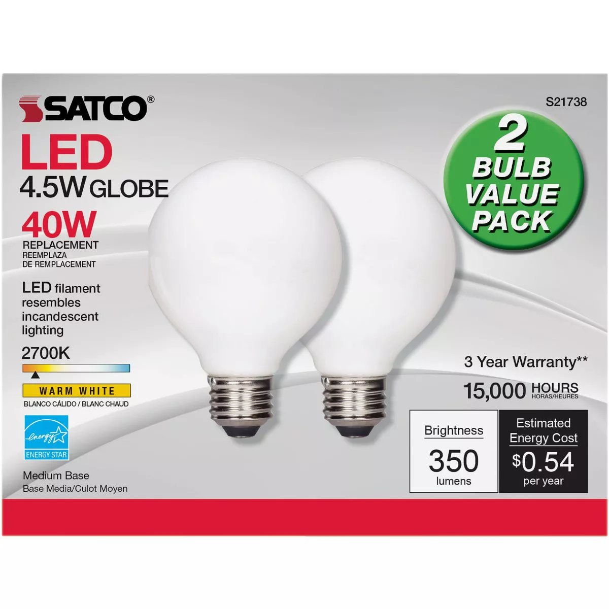 Satco Nuvo 40W Equivalent Warm White G25 Medium Frosted LED Decorative Light Bulb (2-Pack) - photo 2