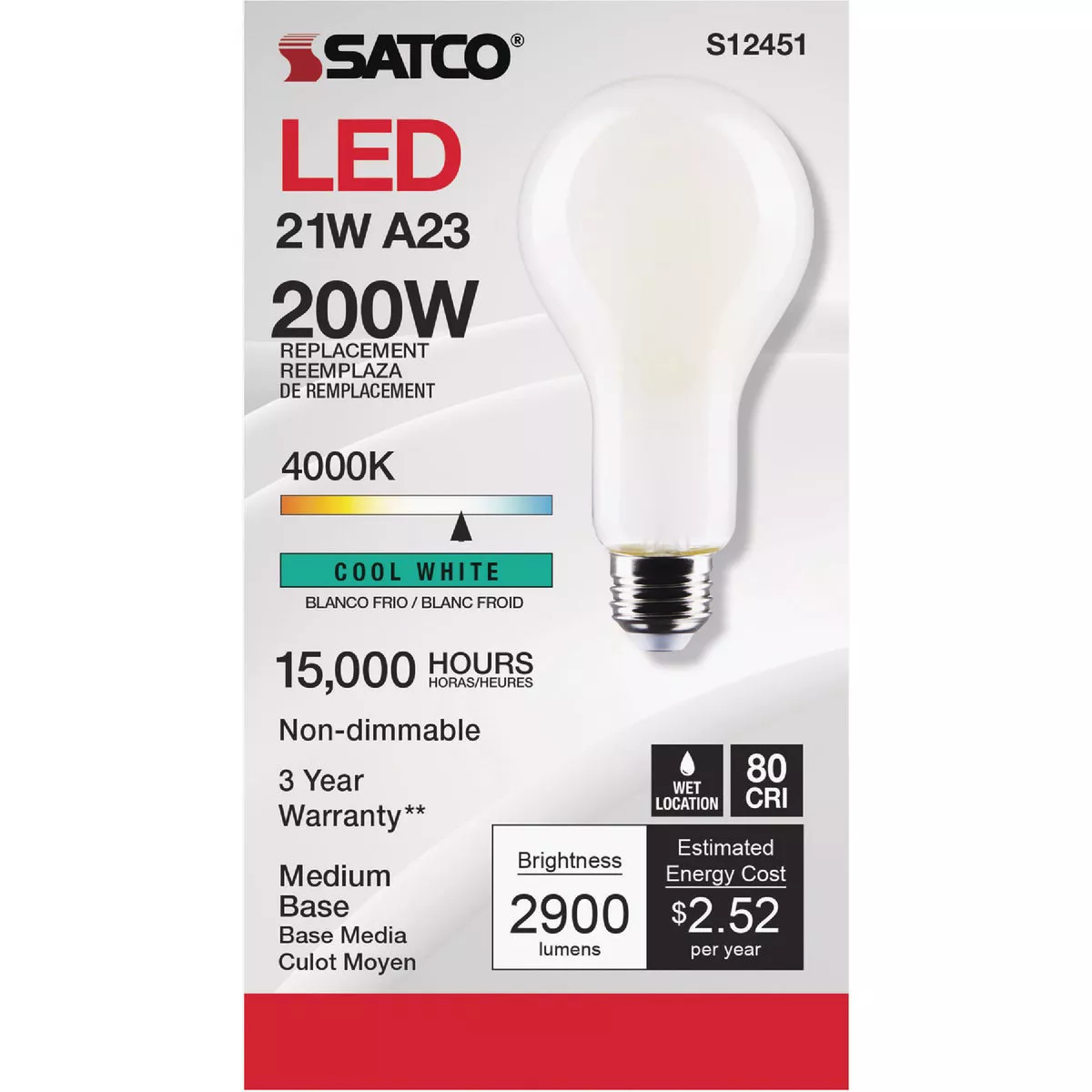 Satco 200W Equivalent 4000K Medium Base A23 LED Bulb - photo 2
