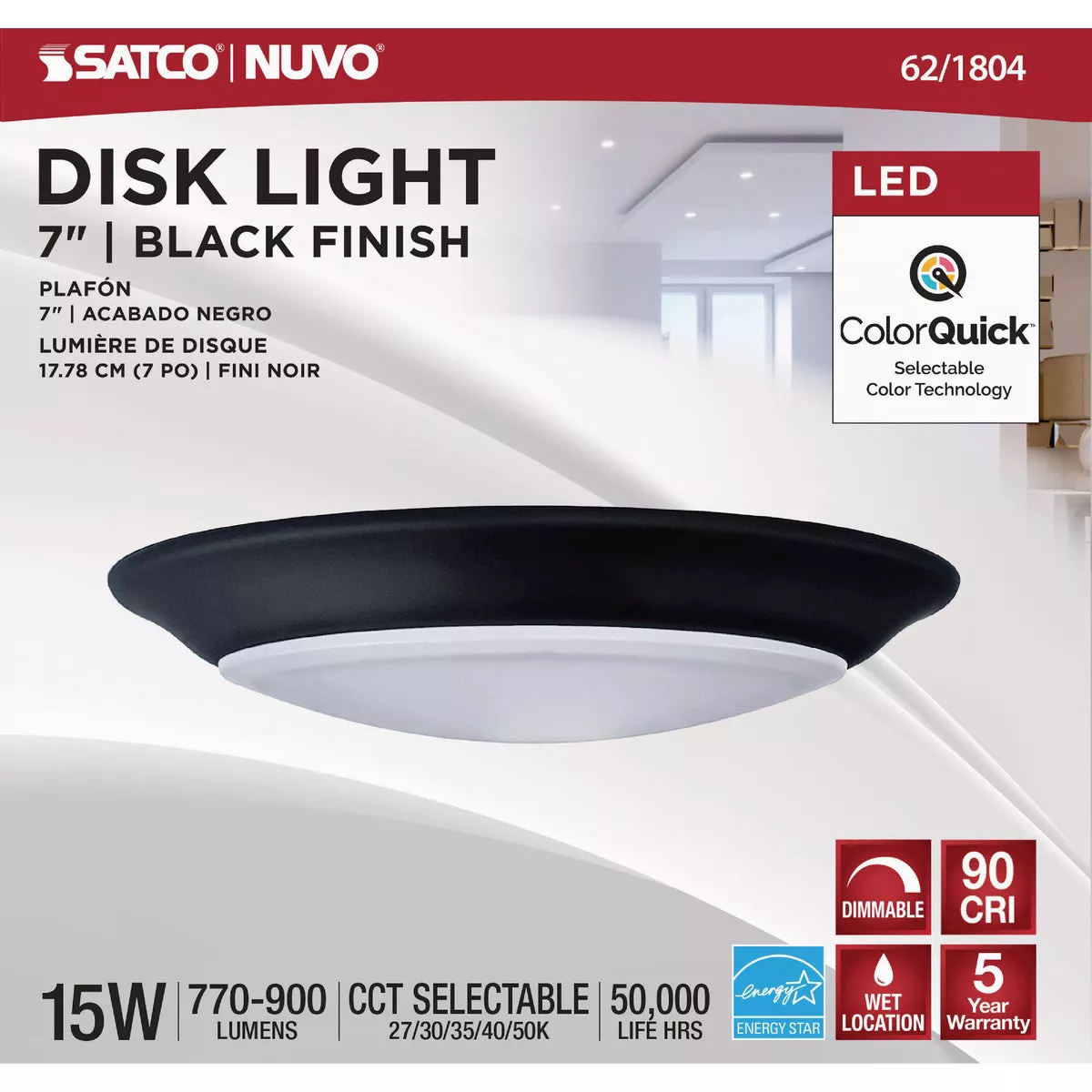 Satco Nuvo 7 In. Black 60W Equivalent LED CCT-Selectable Disk Flush Mount Ceiling Light Fixture - photo 2