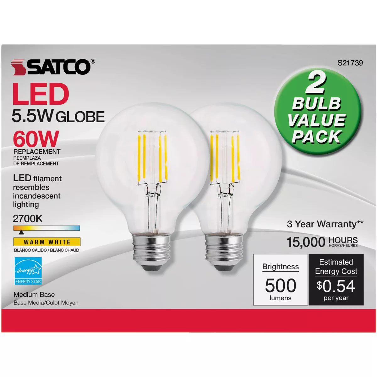 Satco Nuvo 60W Equivalent Warm White G25 Medium Clear LED Decorative Light Bulb (2-Pack) - photo 2