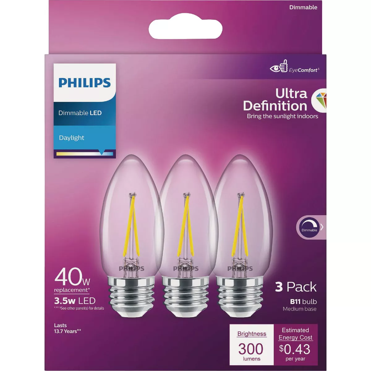 Philips Ultra Definition 40W Equivalent Daylight B11 Medium LED Decorative Light Bulb (3-Pack) - photo 2