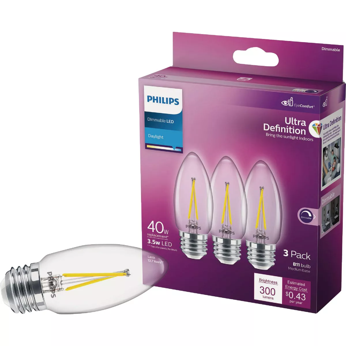 Philips Ultra Definition 40W Equivalent Daylight B11 Medium LED Decorative Light Bulb (3-Pack) - photo 4