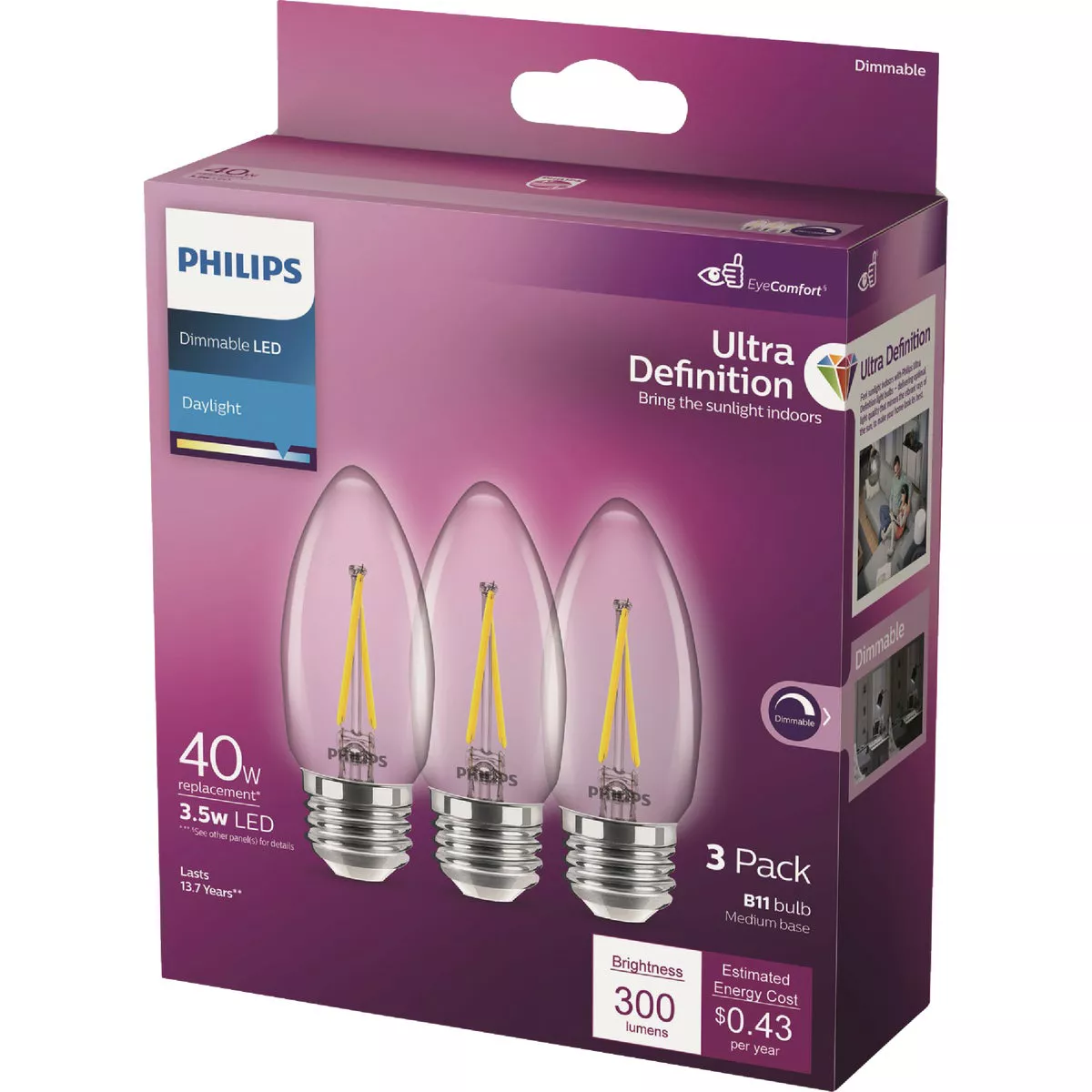 Philips Ultra Definition 40W Equivalent Daylight B11 Medium LED Decorative Light Bulb (3-Pack) - photo 5