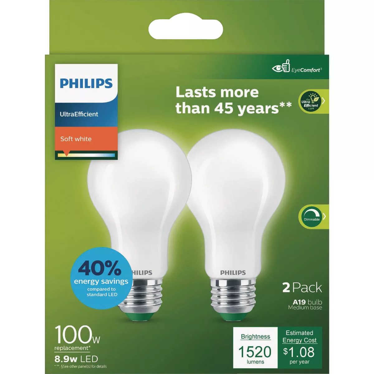 Philips Ultra Efficient 100W Equivalent Soft White Frosted A19 LED Bulb (2-Pack) - photo 2