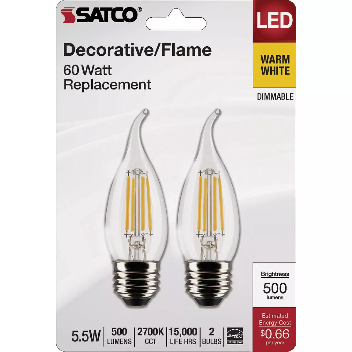 Satco 60W Equivalent Warm White Clear CA10 Medium LED Decorative Light Bulb (2-Pack) - photo 2