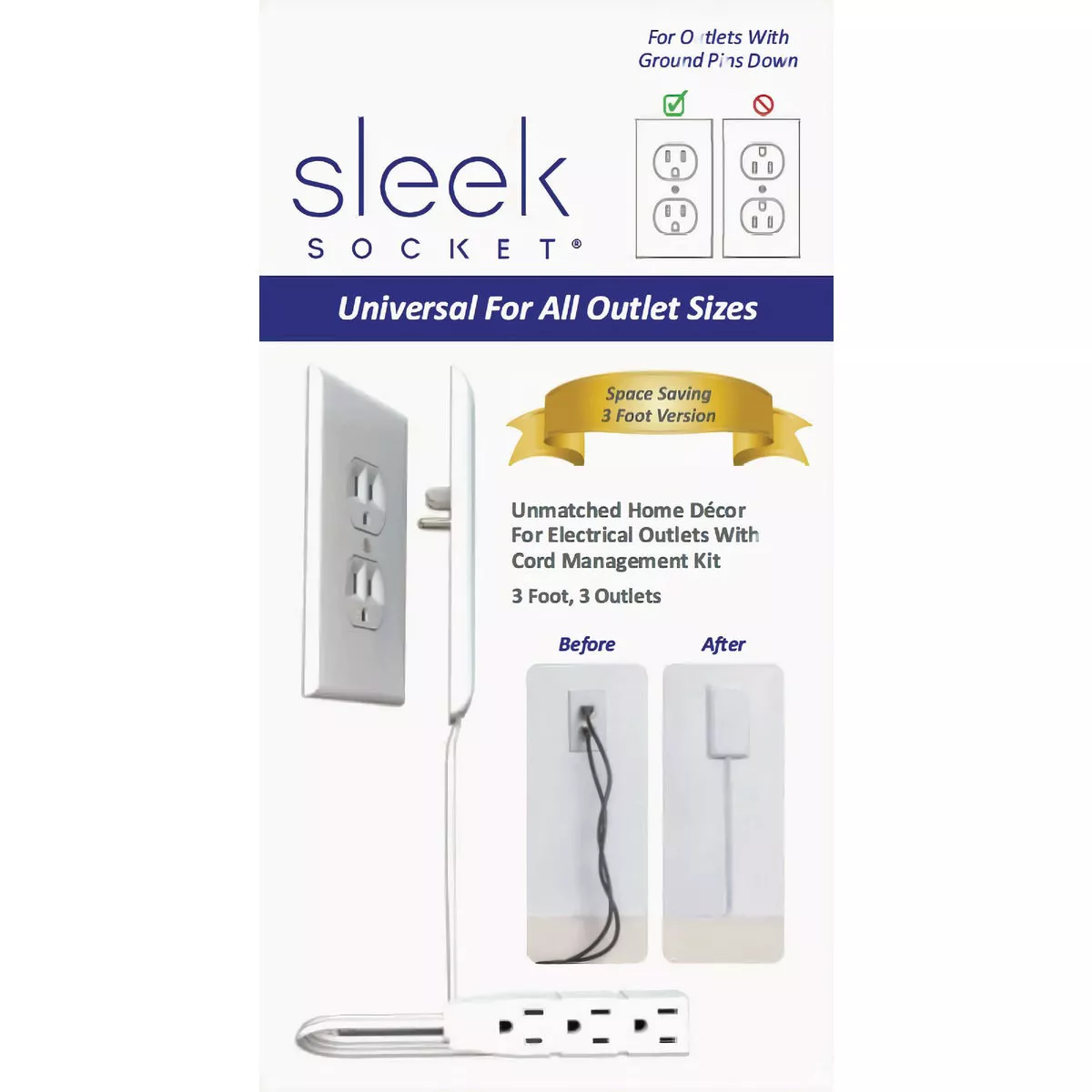 Sleek Socket 3-Outlet White Ultra-Thin Electrical Outlet Cover Power Strip with 3 Ft. Cord - photo 4