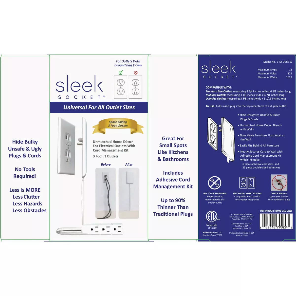 Sleek Socket 3-Outlet White Ultra-Thin Electrical Outlet Cover Power Strip with 3 Ft. Cord - photo 5
