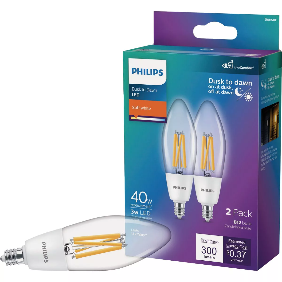 Philips 40W Equivalent Soft White B11 Dusk to Dawn LED Decorative Light Bulb (2-Pack)